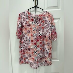 Chico's Patchwork Tile Print V-Neck Top - Red, Coral & White
